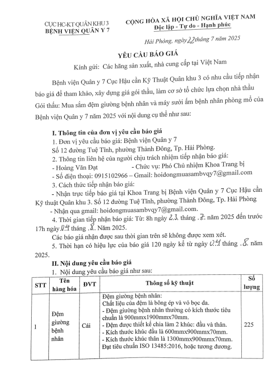 Bệnh viện Quân y 7, Cục Hậu cần - Kỹ thuật, Quân khu 3 có nhu cầu tiếp nhận báo giá để tham khảo, xây dựng giá gói thầu, làm cơ sở lựa chọn nhà thầu gói thầu: